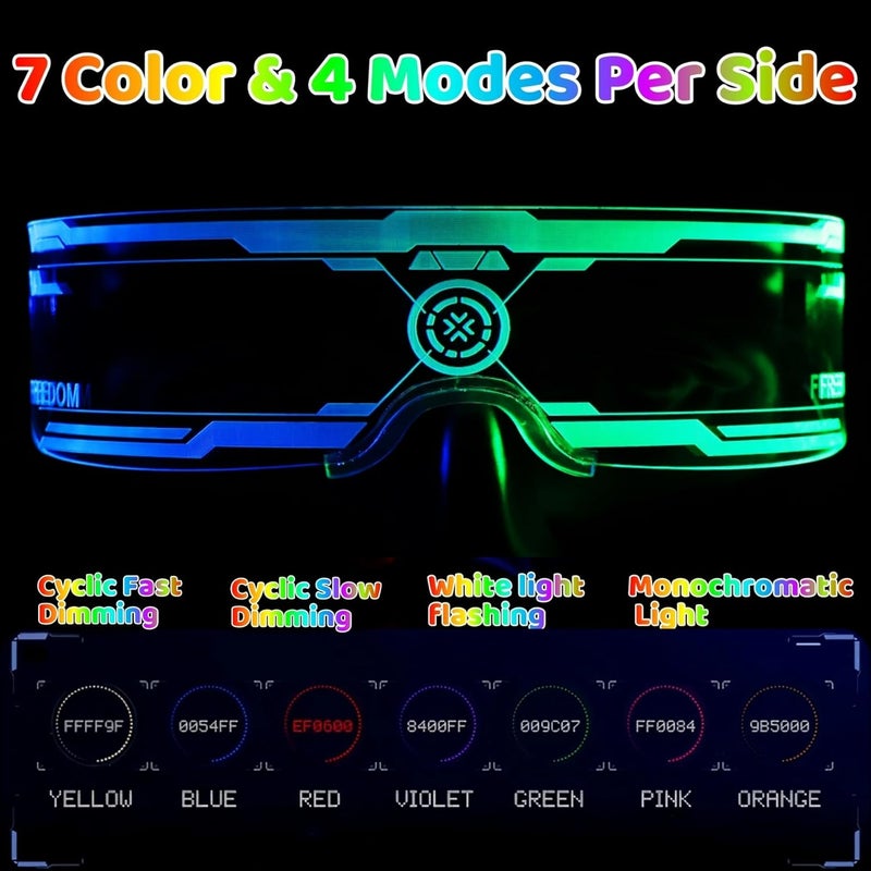 Xgood LED Glasses w/Bilateral 7 Colors & 4 Modes Futuristic Neon Sunglasses Cyberpunk Glasses for Rave Parties and Cosplay - Image 2